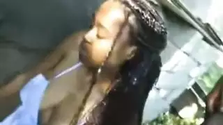 standing blowjob: hot brunette deepthroats and takes a facial